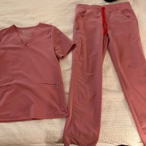 Figs Pink Scrub Set with Red Drawstring